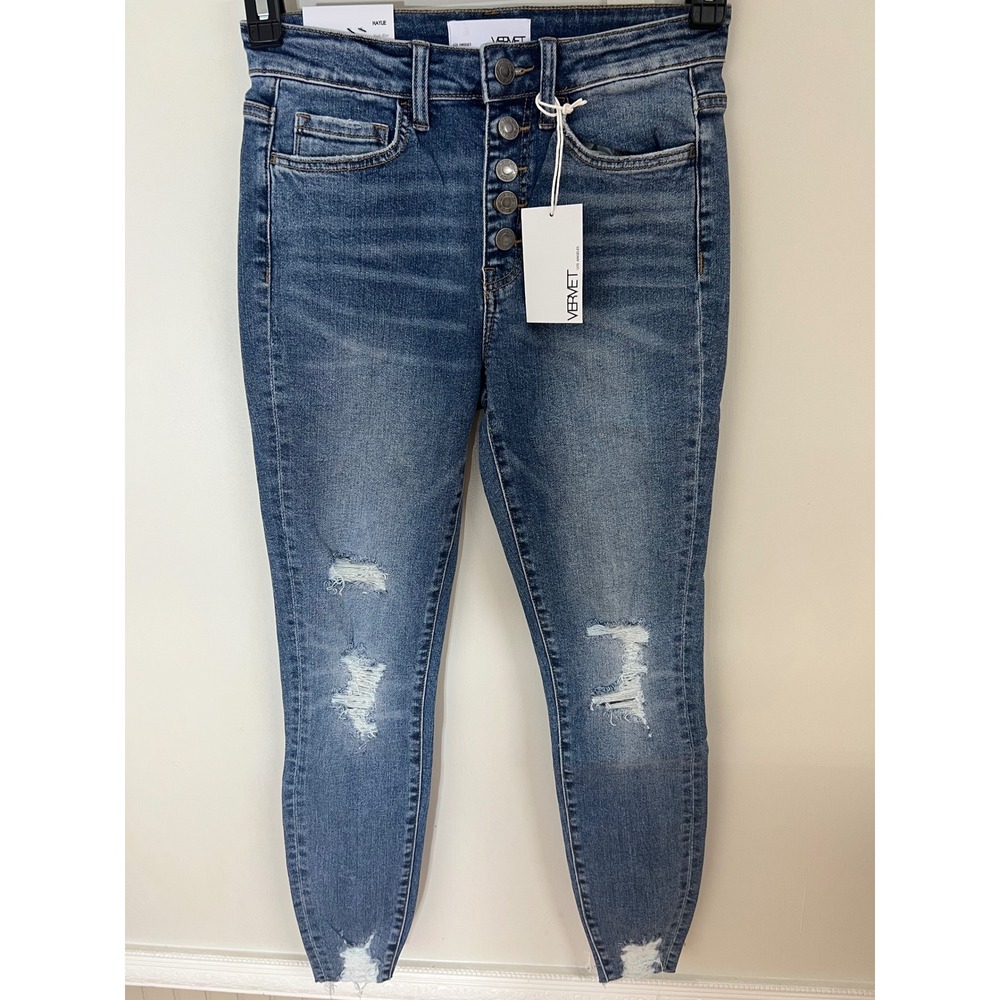 Vervet Haylie High Rise Skinny Jeans Distressed Button Fly Blue VT763 Size 26